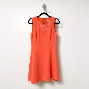 Trina Turk Josephine Clear Beaded Neckline Chic Sleeveless Midi Dress‎ Coral